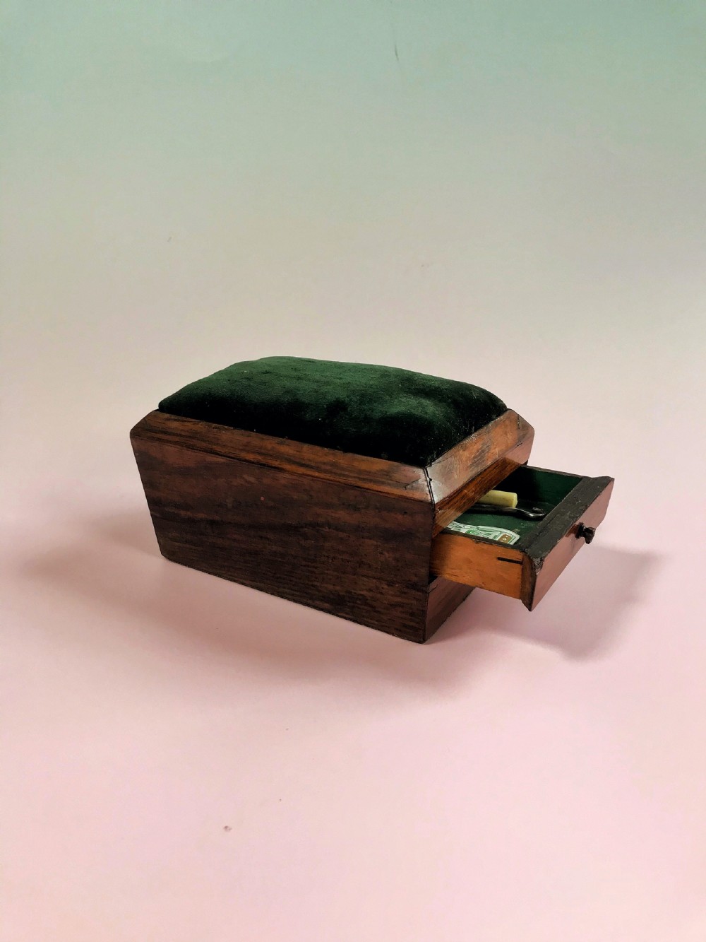 Antique Rosewood Sewing/Pin Cushion Box - with drawer & Lead weighted View V