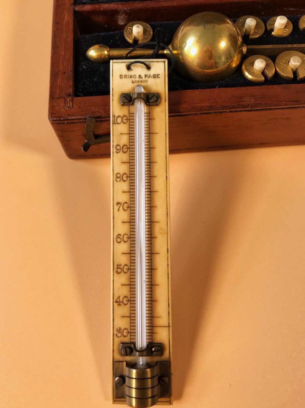 Antique Sikes Thermometer - complete withj weights, thermometer, float, glass cylinder etc View III