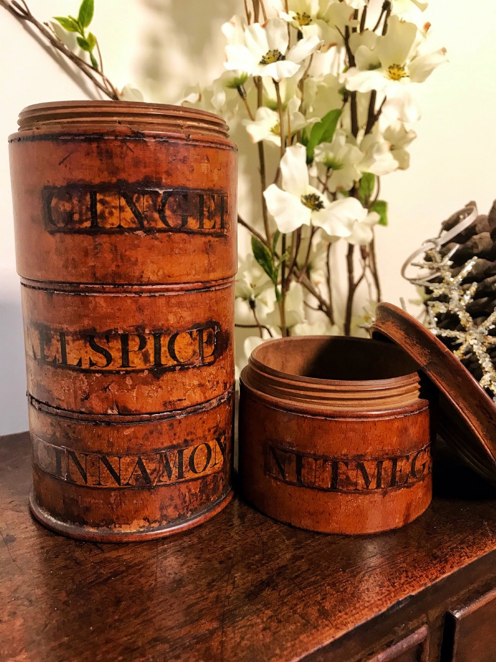 Antique Four Tier Spice Tower - original labels View II
