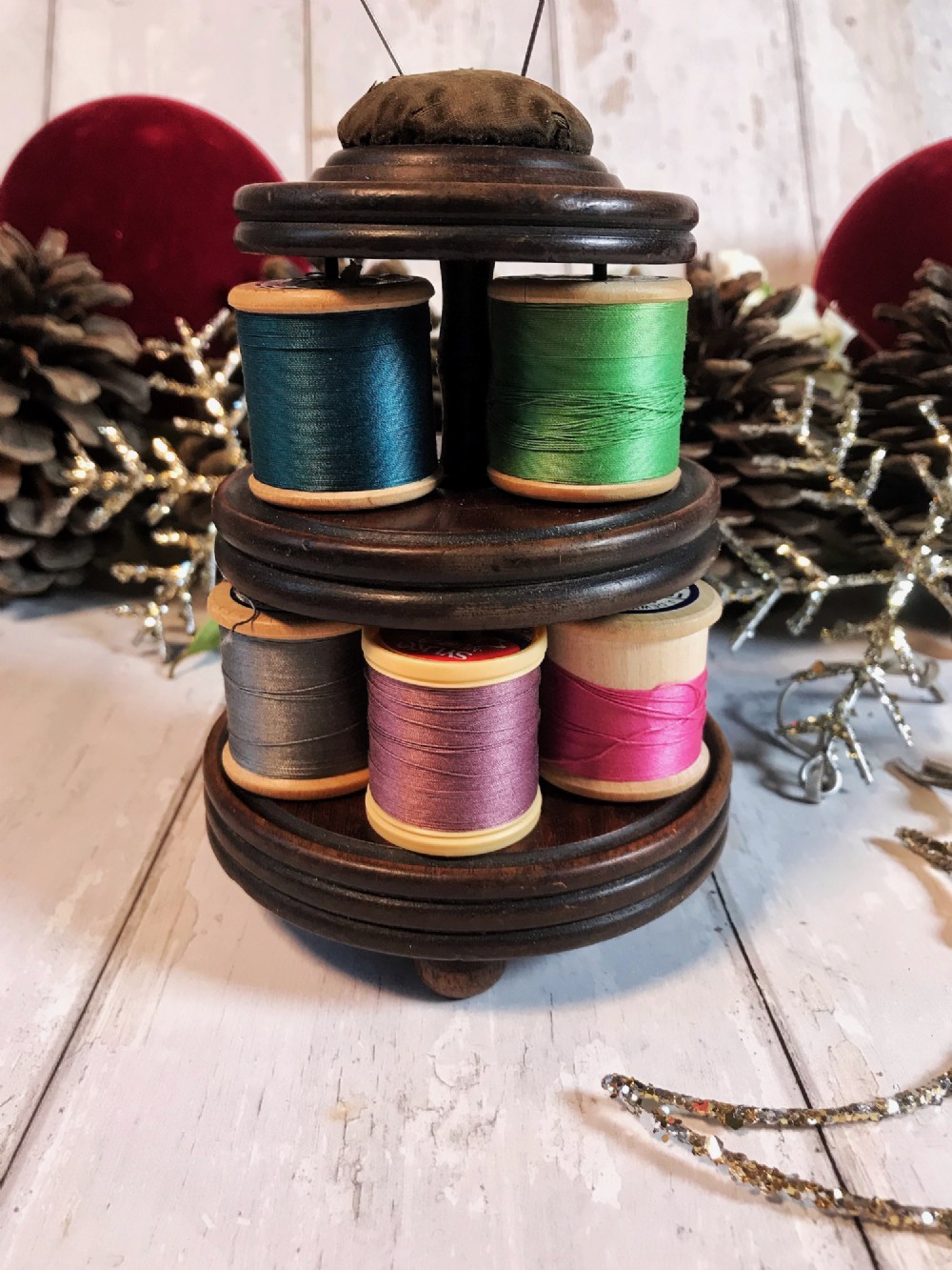 Antique Sewing Tower - Reel Holder & Pin Cushion