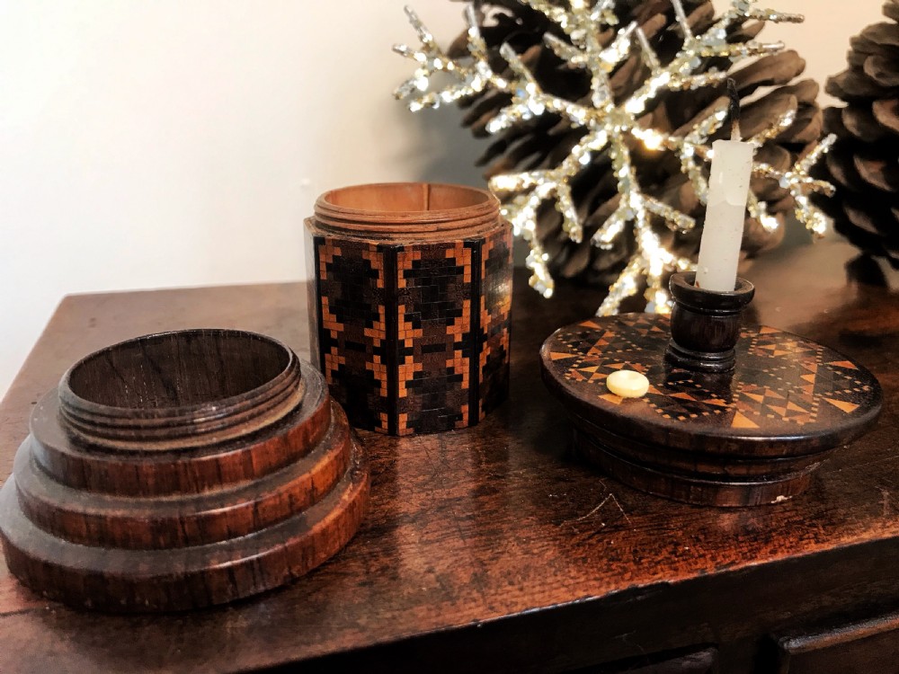 Antique Tunbridge Ware  Go to Bed & Candle Holder - unusual feature seal storage  View V