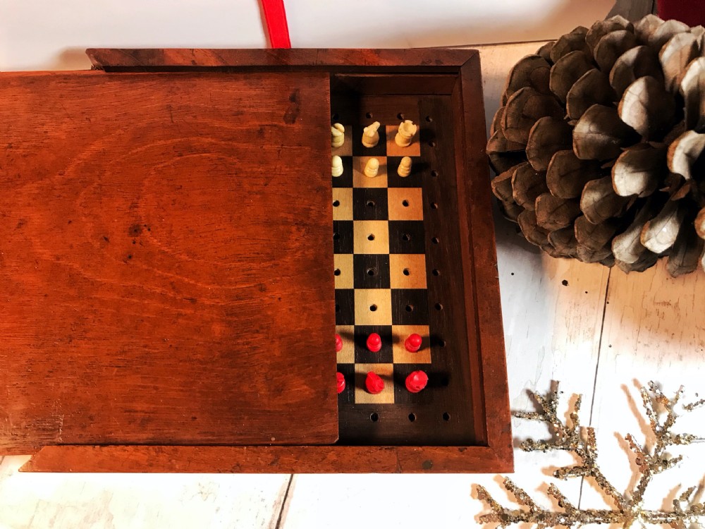 Antique Travelling  Chess Box & Pieces View II