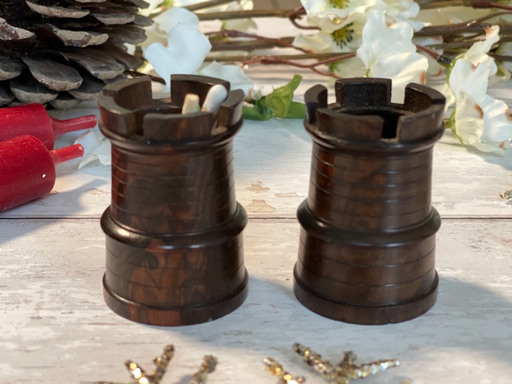 A Pair of Lignum Vitae Match Holders - castle shaped View III