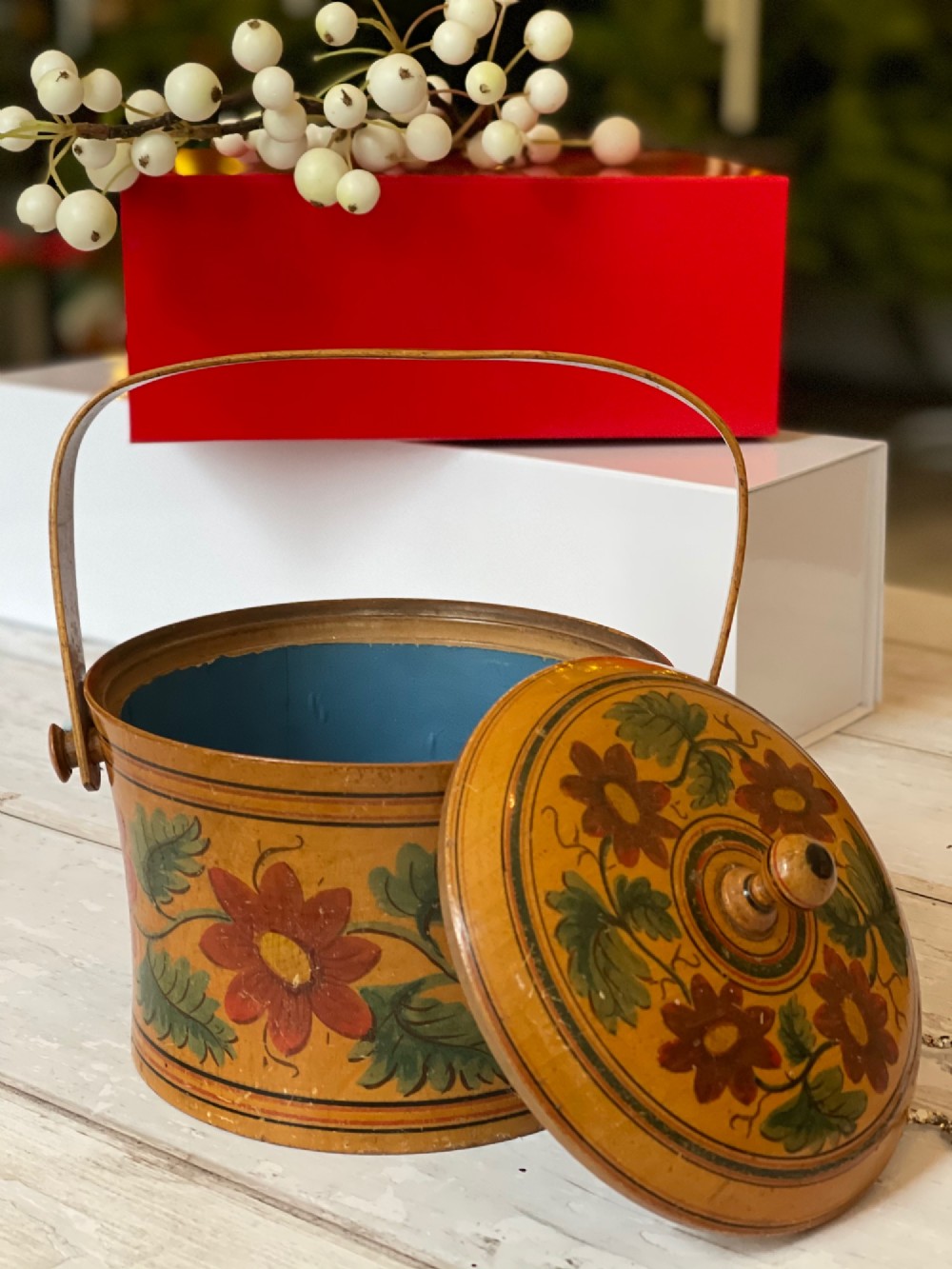 Antique Circular Painted Painted Sewing Basket