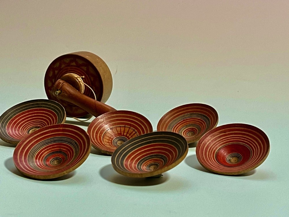 Antique Parachute Spinning Top - six spinning tops inside View V