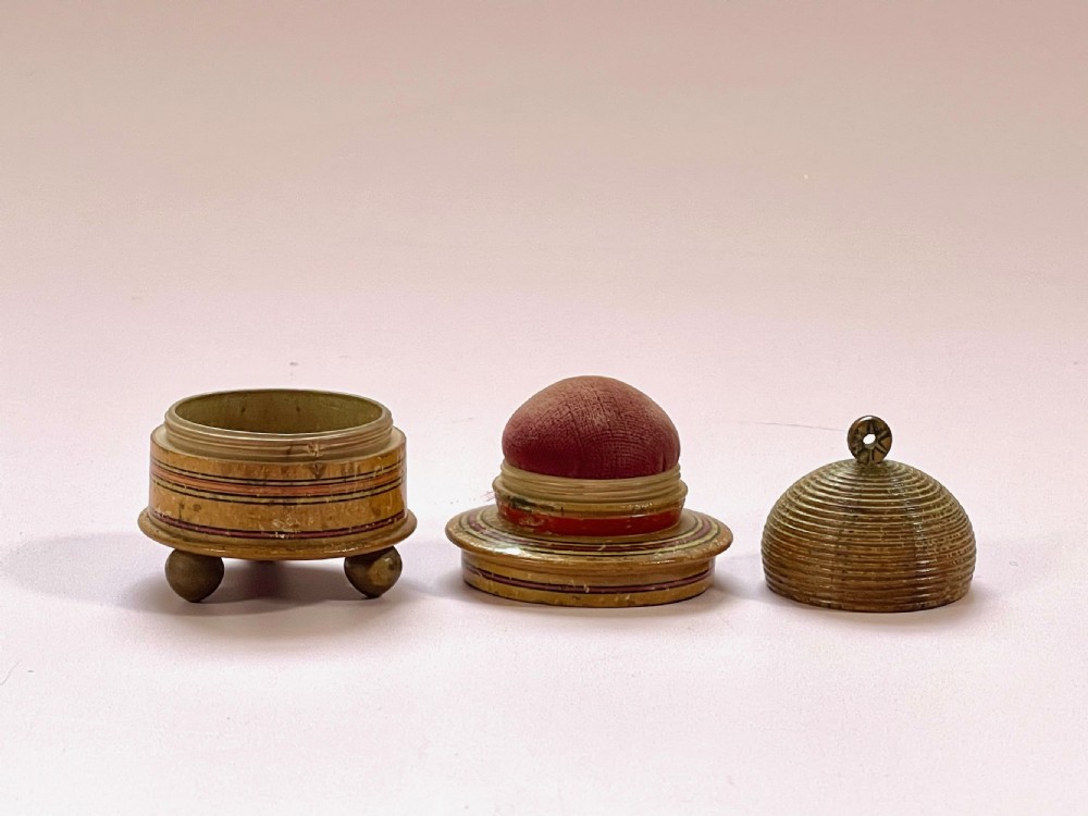 A Georgian Bee Hive Pin Poppet & Storage box in the shape of a Bee Hive Skep View III
