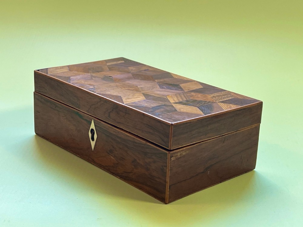 Antique Tunbridge Ware Box - with tumbling cube decoration in various woods
