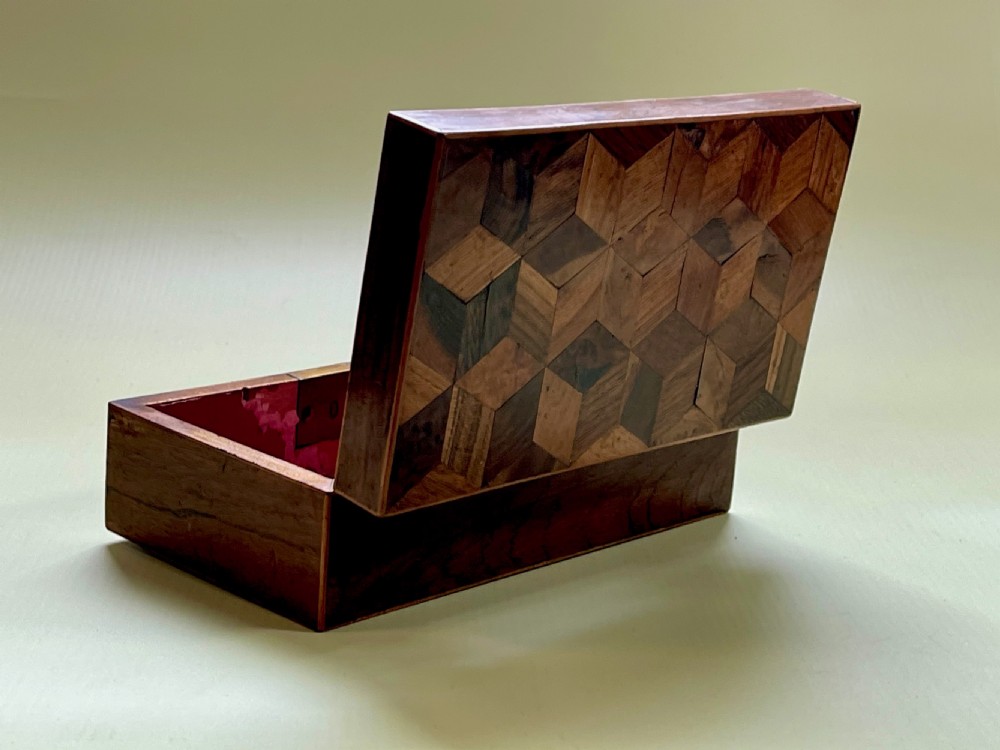 Antique Tunbridge Ware Box - with tumbling cube decoration in various woods View II