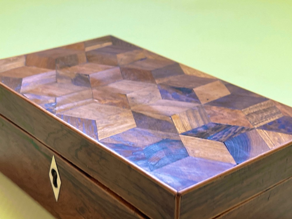 Antique Tunbridge Ware Box - with tumbling cube decoration in various woods View IV
