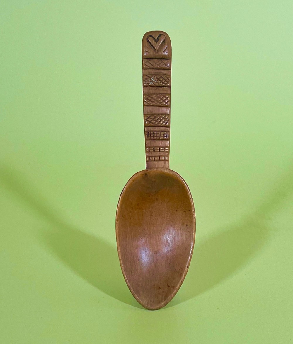 Antique Treen Pear Wood Love Spoon - Carved Date & Heart