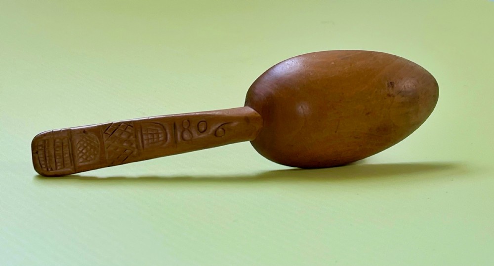 Antique Treen Pear Wood Love Spoon - Carved Date & Heart View IV
