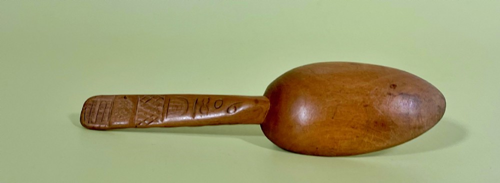 Antique Treen Pear Wood Love Spoon - Carved Date & Heart View VI