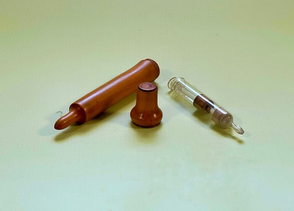 Antique Treen Boxwood Case & Glass Syringe