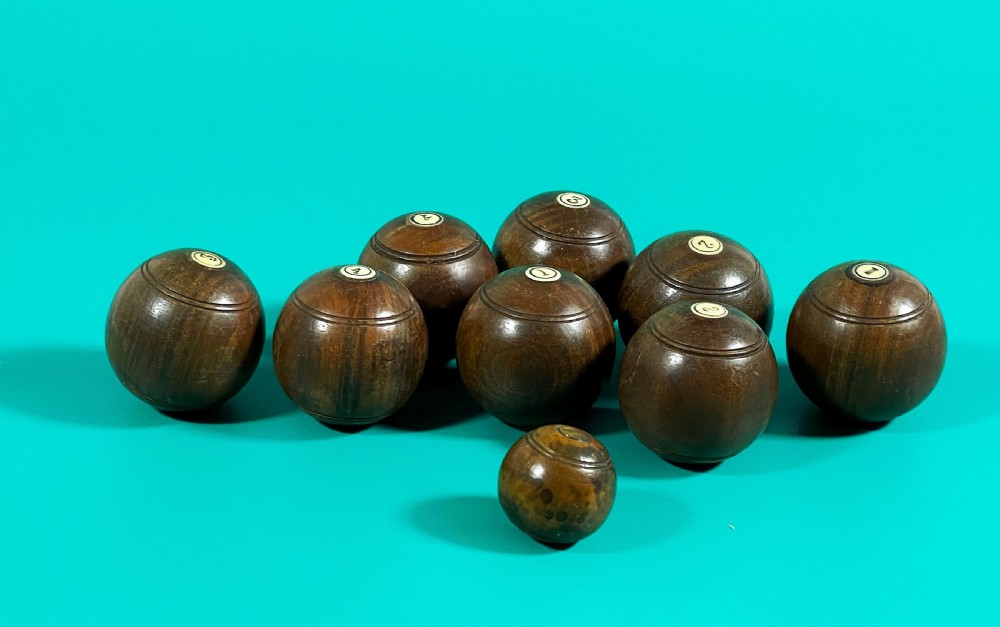 Antique Treen Mini Carpet Bowls & Jack - lignum vitae