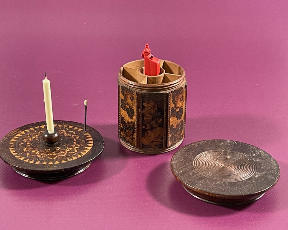 Extra Large Antique Tunbridge Ware Seal, Candle and Match Holder View V