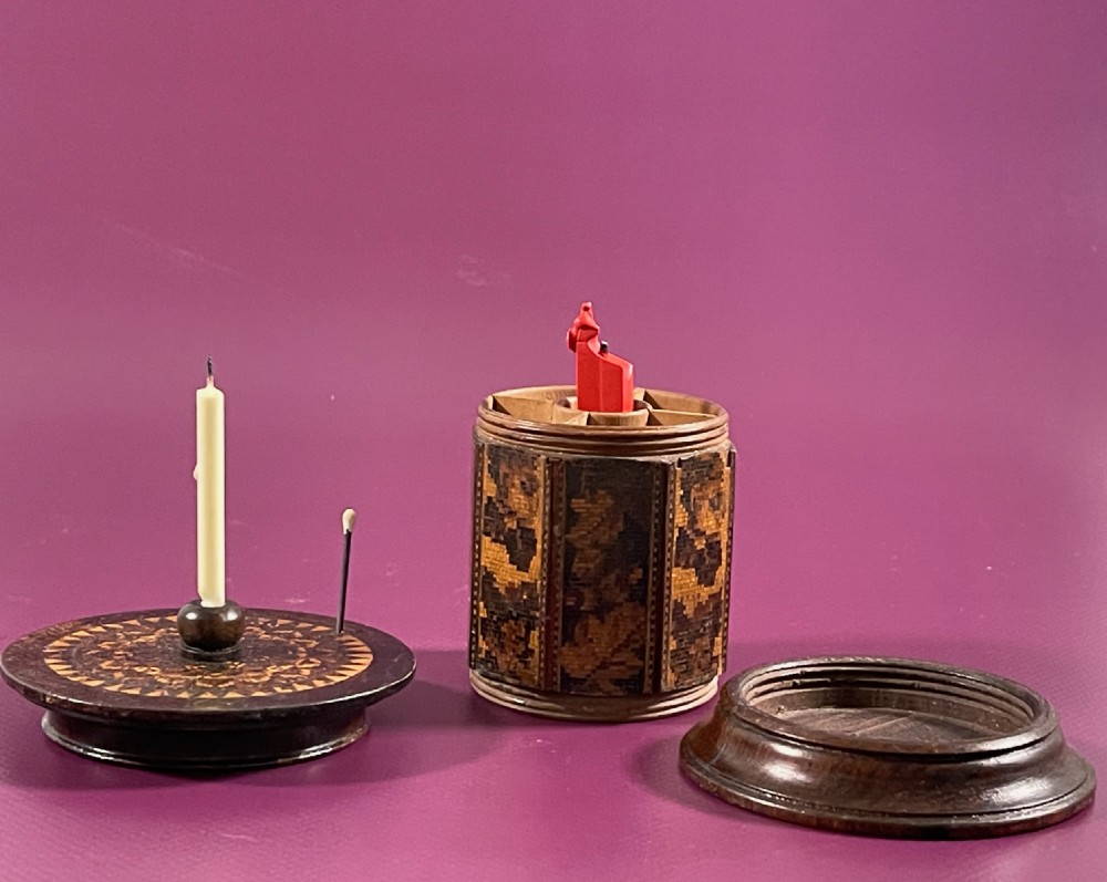 Extra Large Antique Tunbridge Ware Seal, Candle and Match Holder View VI