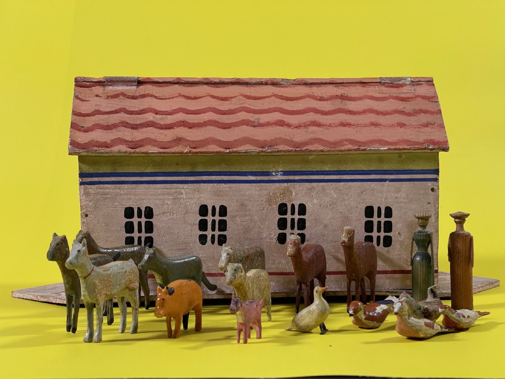 Antique Painted Noahs Ark with figures and animals