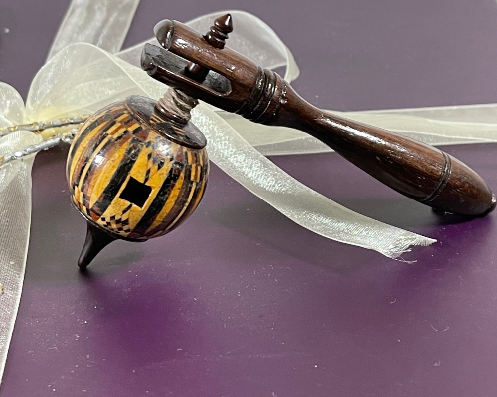 Antique Tunbridge Ware Spinning Top & Launcher