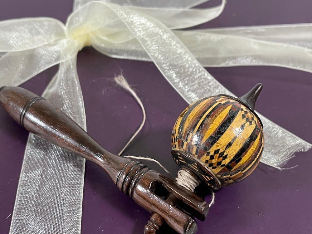 Antique Tunbridge Ware Spinning Top & Launcher View II