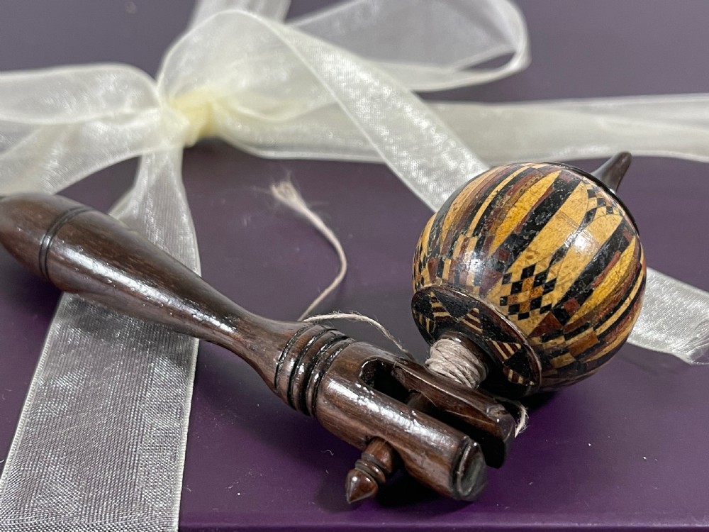 Antique Tunbridge Ware Spinning Top & Launcher View III