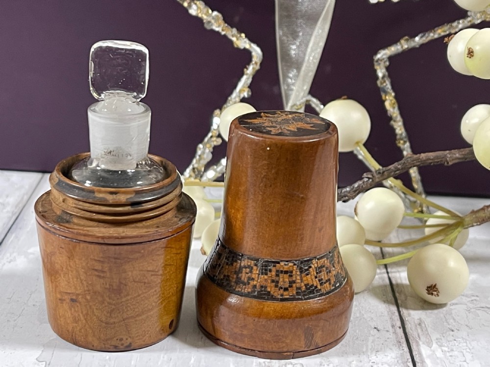 Antique Tunbridge Ware Scent Bottle Case & Bottle View V