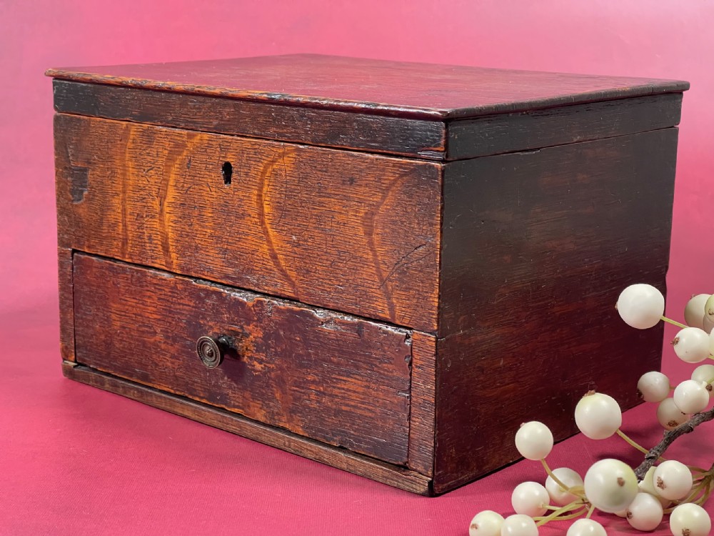 Antique Oak Box - with drawer for jewellery, sewing, stationery