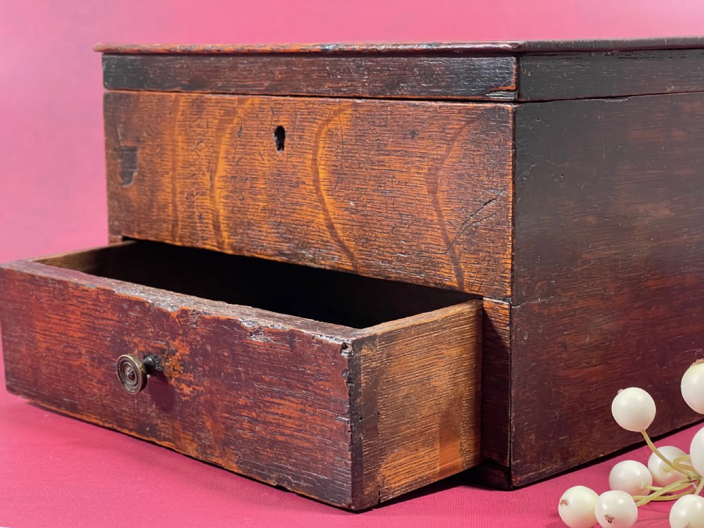 Antique Oak Box - with drawer for jewellery, sewing, stationery View II