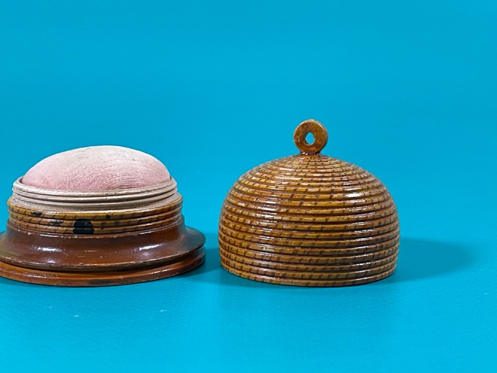 Antique Tunbridge Ware Bee Hive Pin Poppet  -Larger than most  View III