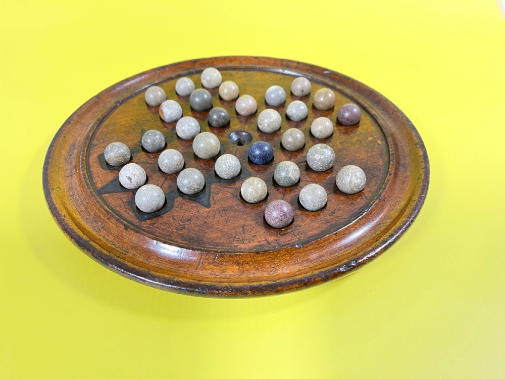 Antique Solitaire Board  Game & Marbles - lovely patination & colour View V