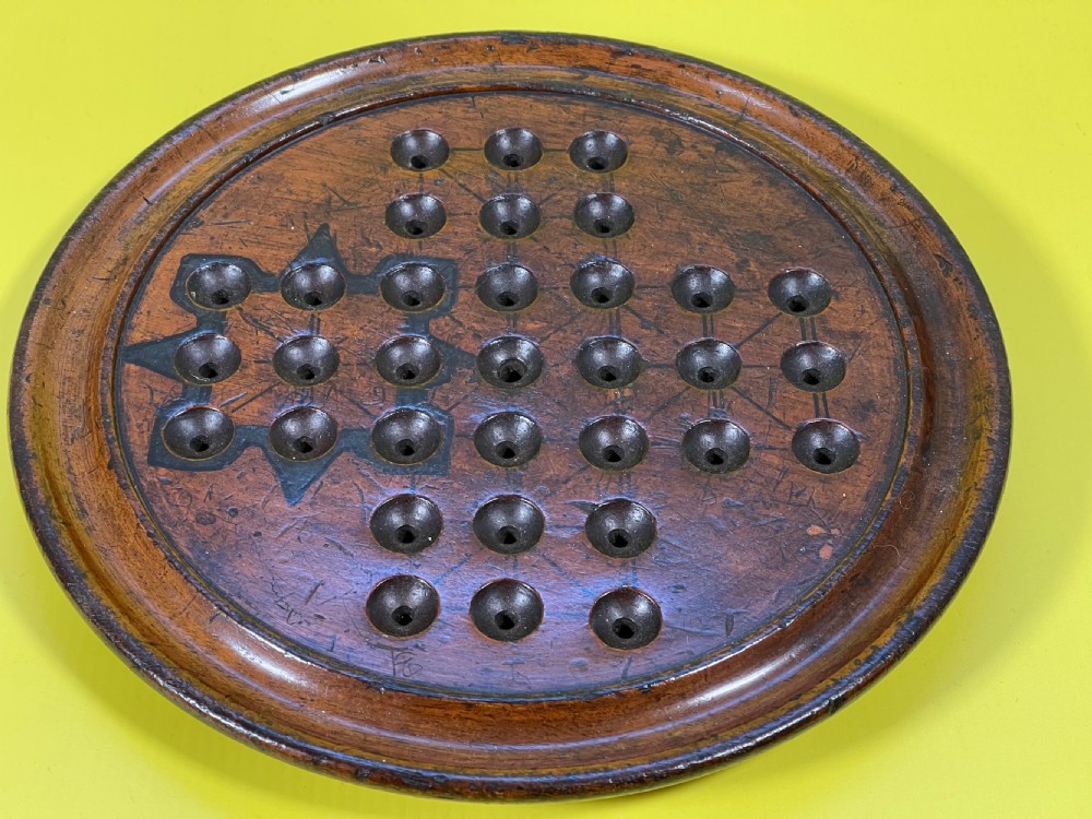 Antique Solitaire Board  Game & Marbles - lovely patination & colour View XI