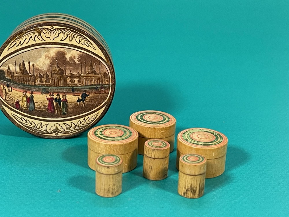 Antique Tunbridge Ware Circular Box - retaining its six original pots inside View III