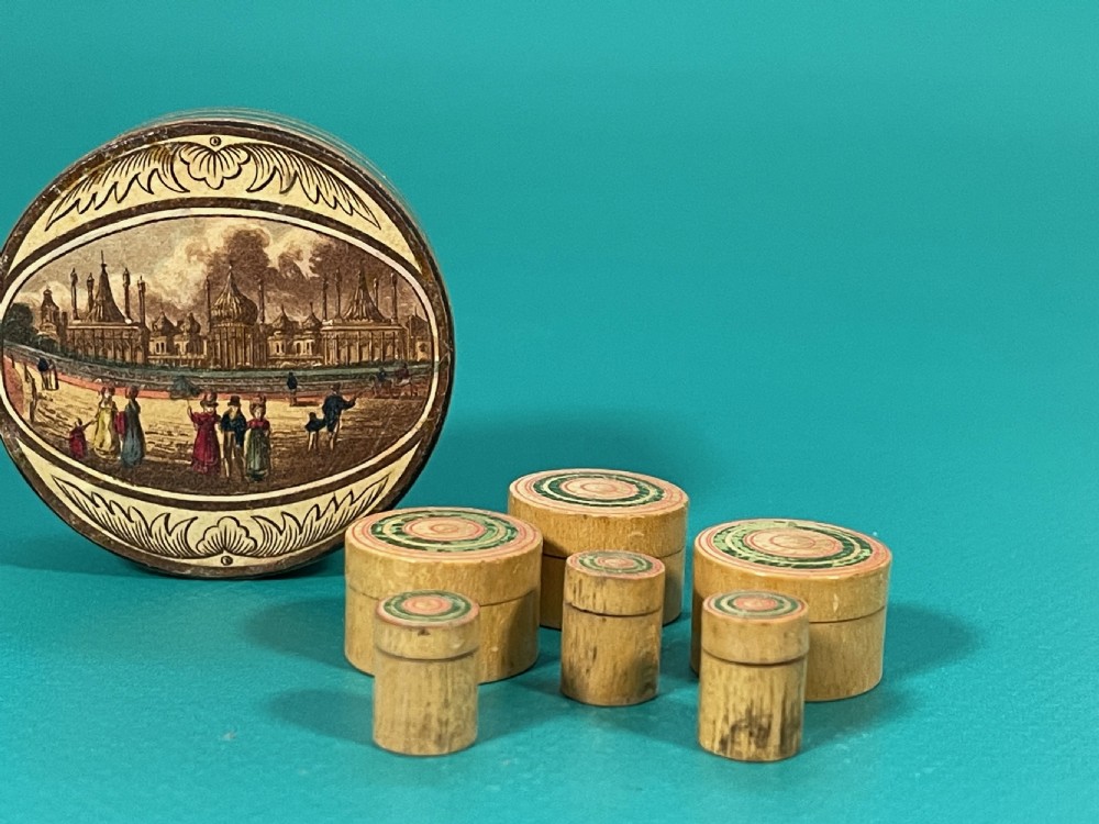 Antique Tunbridge Ware Circular Box - retaining its six original pots inside View IV