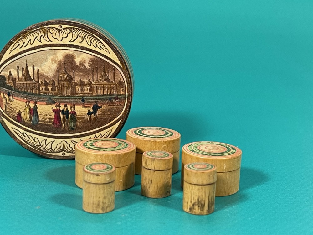 Antique Tunbridge Ware Circular Box - retaining its six original pots inside View V