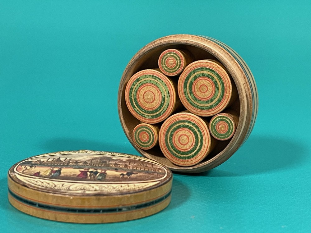 Antique Tunbridge Ware Circular Box - retaining its six original pots inside View VI