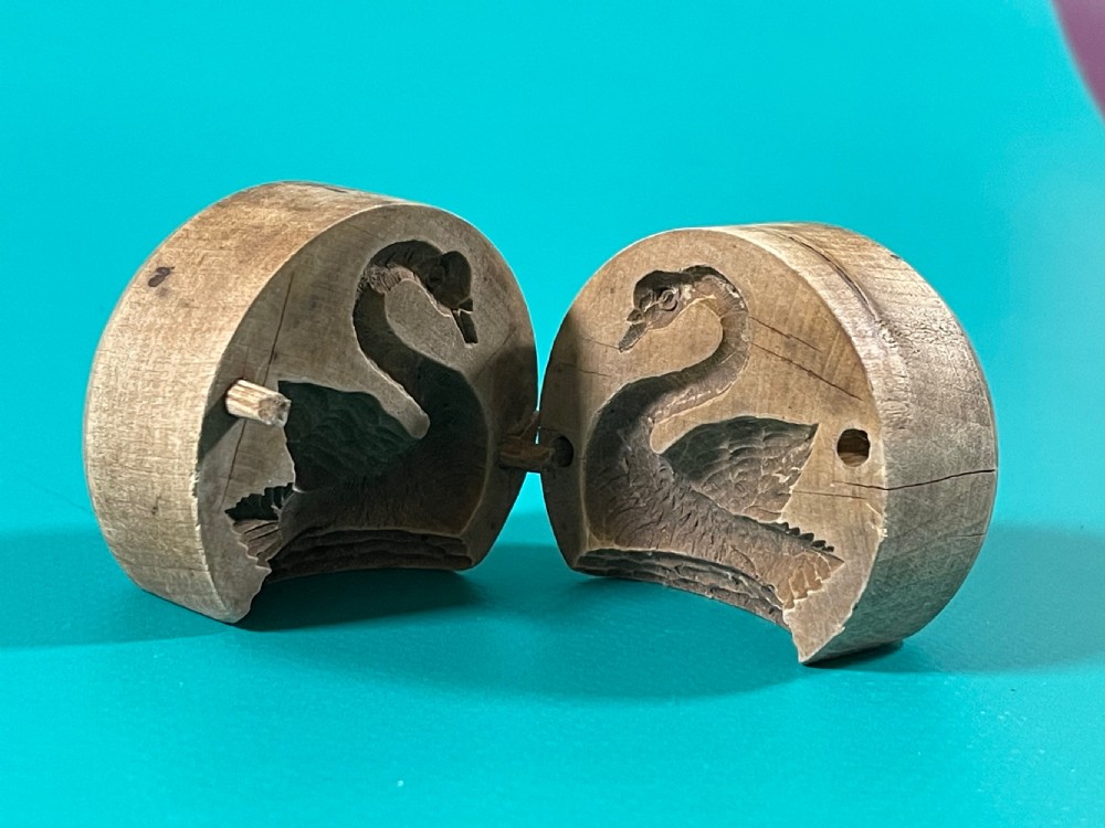 Antique Two Piece Sycamore Butter Mould - swan treen