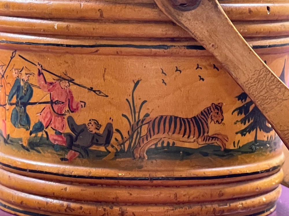 An early painted  Tunbridge Ware circular sewing pannier box View II