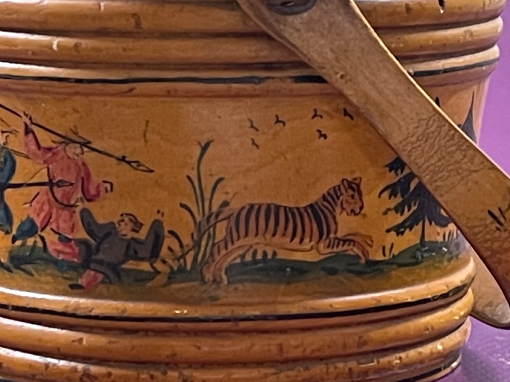 An early painted  Tunbridge Ware circular sewing pannier box View III