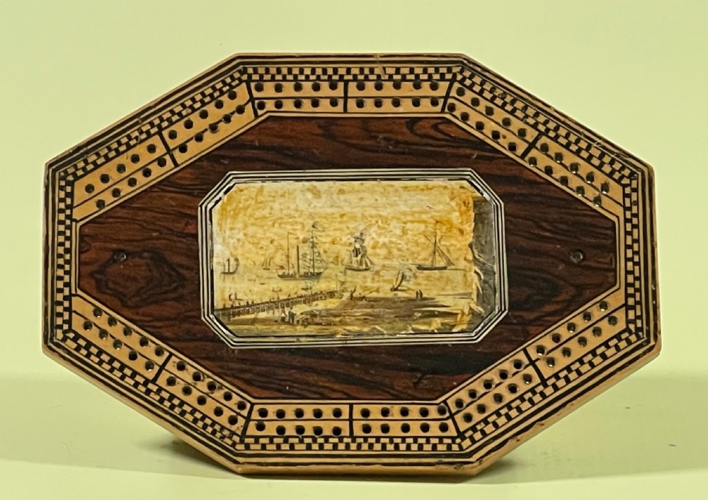 An  Early 1800s Tunbridge Ware Octagonal Cribbage Board - boating interest