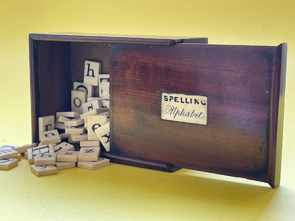 Antique Alphabet & Spelling Box - over 80 double-sided bone letter tiles