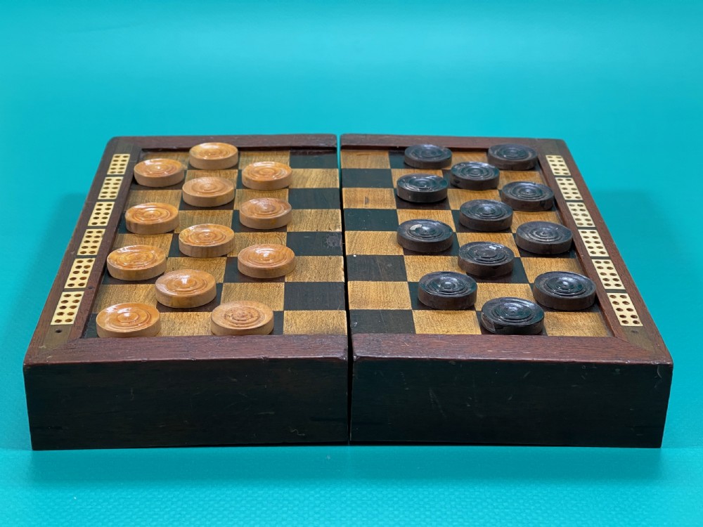 Antique Travelling Draughts Games box -  all the wooden counters are present