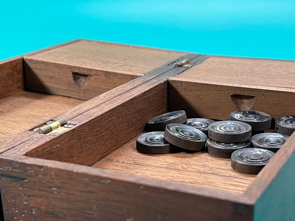 Antique Travelling Draughts Games box -  all the wooden counters are present View II