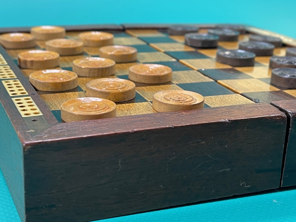 Antique Travelling Draughts Games box -  all the wooden counters are present View IX