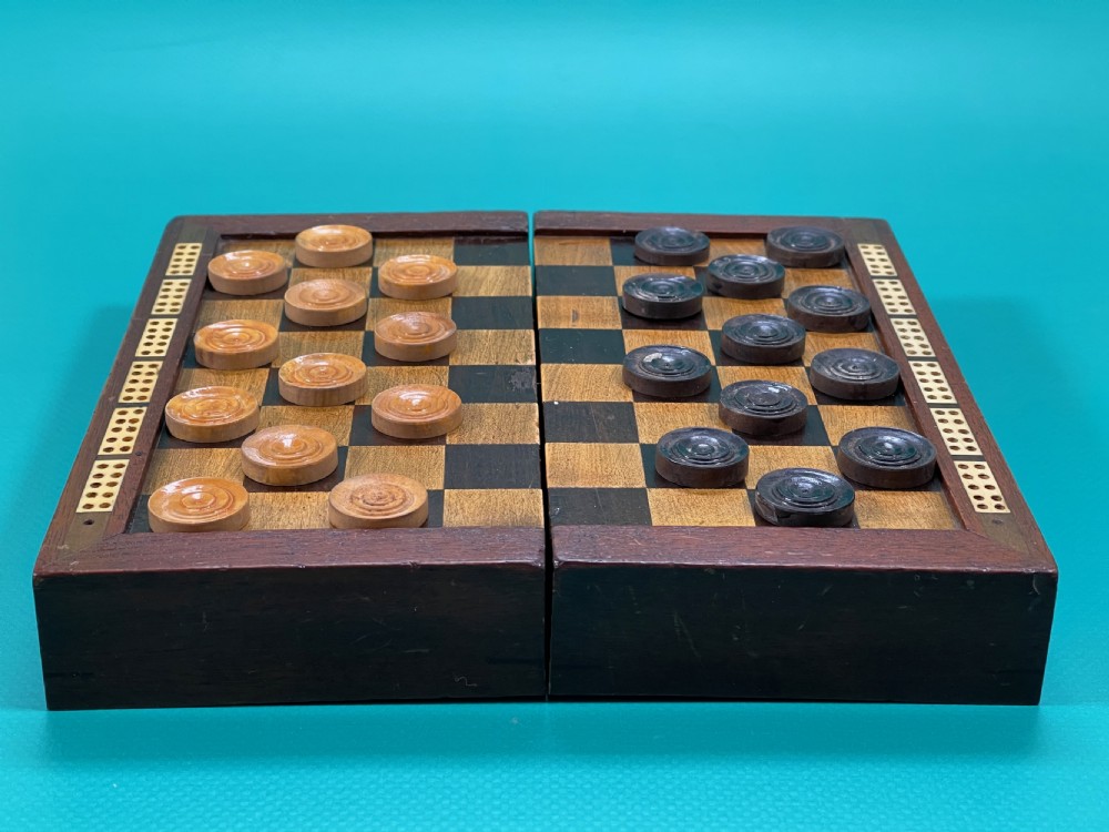 Antique Travelling Draughts Games box -  all the wooden counters are present View X