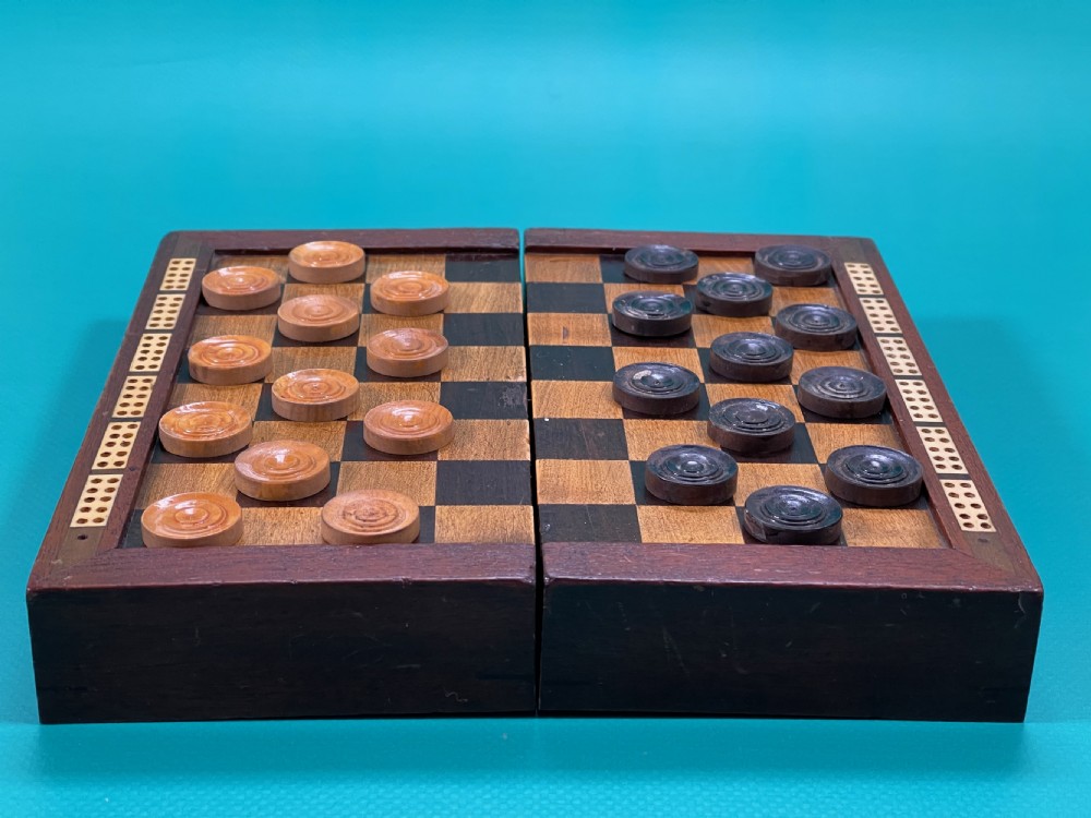 Antique Travelling Draughts Games box -  all the wooden counters are present View XII