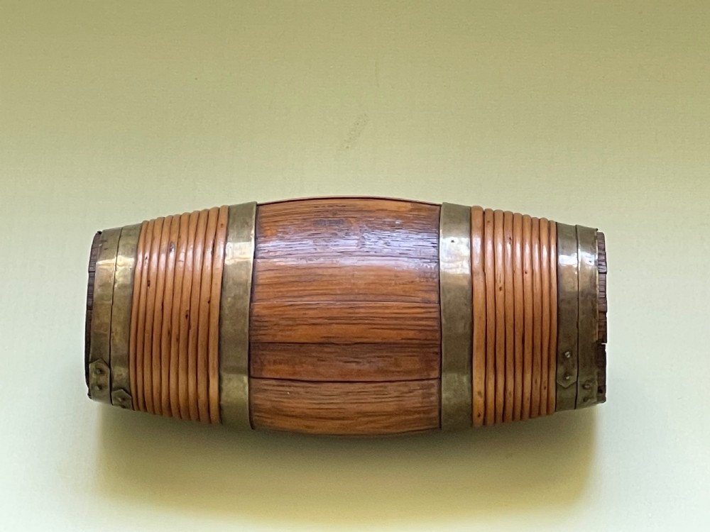 Antique Treen  Staved Costrel - willow & brass bound View II