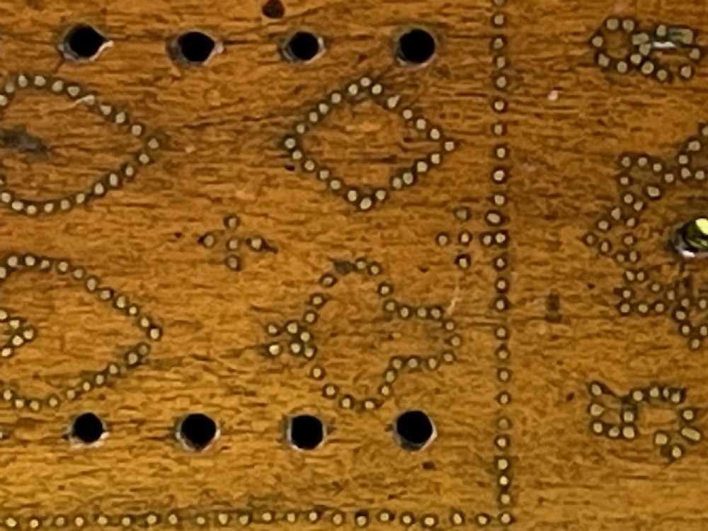 An Unusual Cribbage Board - with hearts, clubs, diamonds, spades  goblets, jugs and dated View V