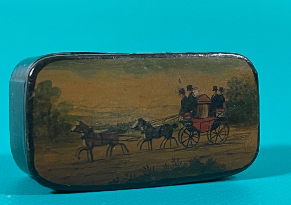 Antique Papier- Mache Snuff Box - horses & carriage
