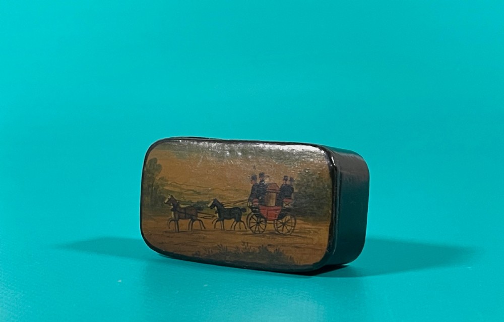 Antique Papier- Mache Snuff Box - horses & carriage View III