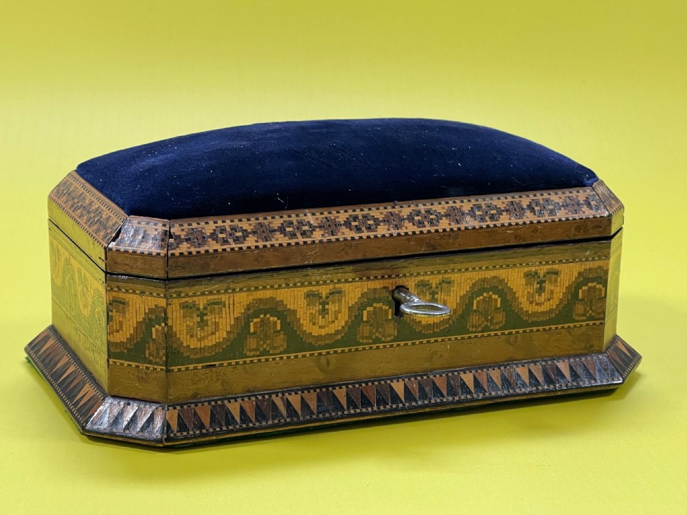 Antique Tunbridge Ware Sewing Box & Pin Cushion