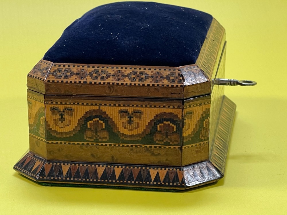 Antique Tunbridge Ware Sewing Box & Pin Cushion View II